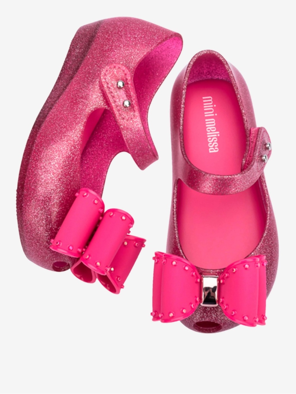 Mini Melissa Ultra Classic Bow Pink Glitter Mary Janes with Hot Pink Bow